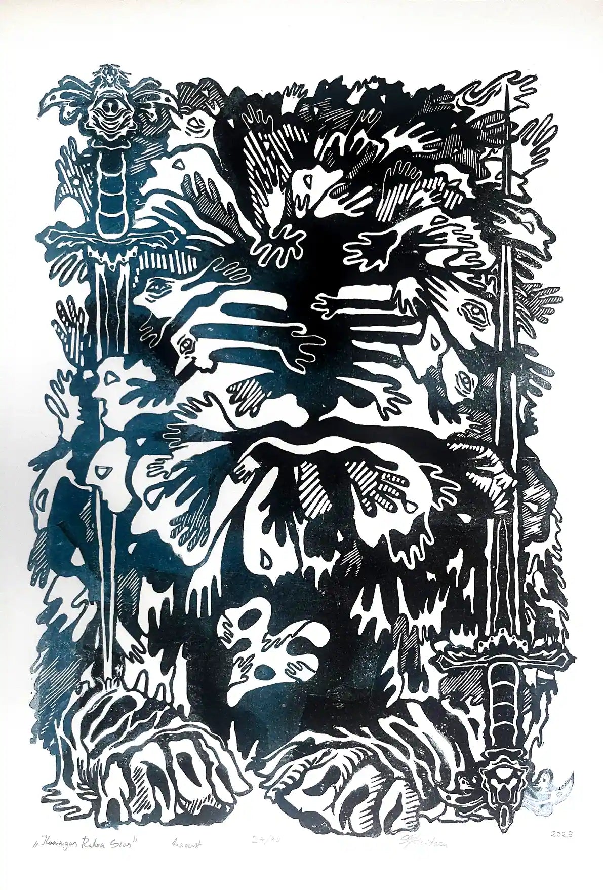 estonian folklore abstract linocut print with hands and symbols on a white background