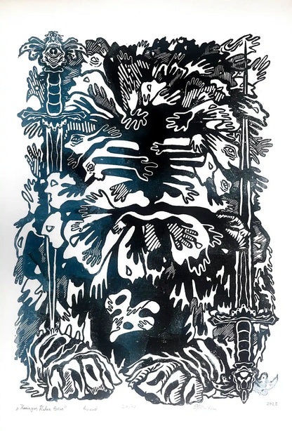 estonian folklore abstract linocut print with hands and symbols on a white background