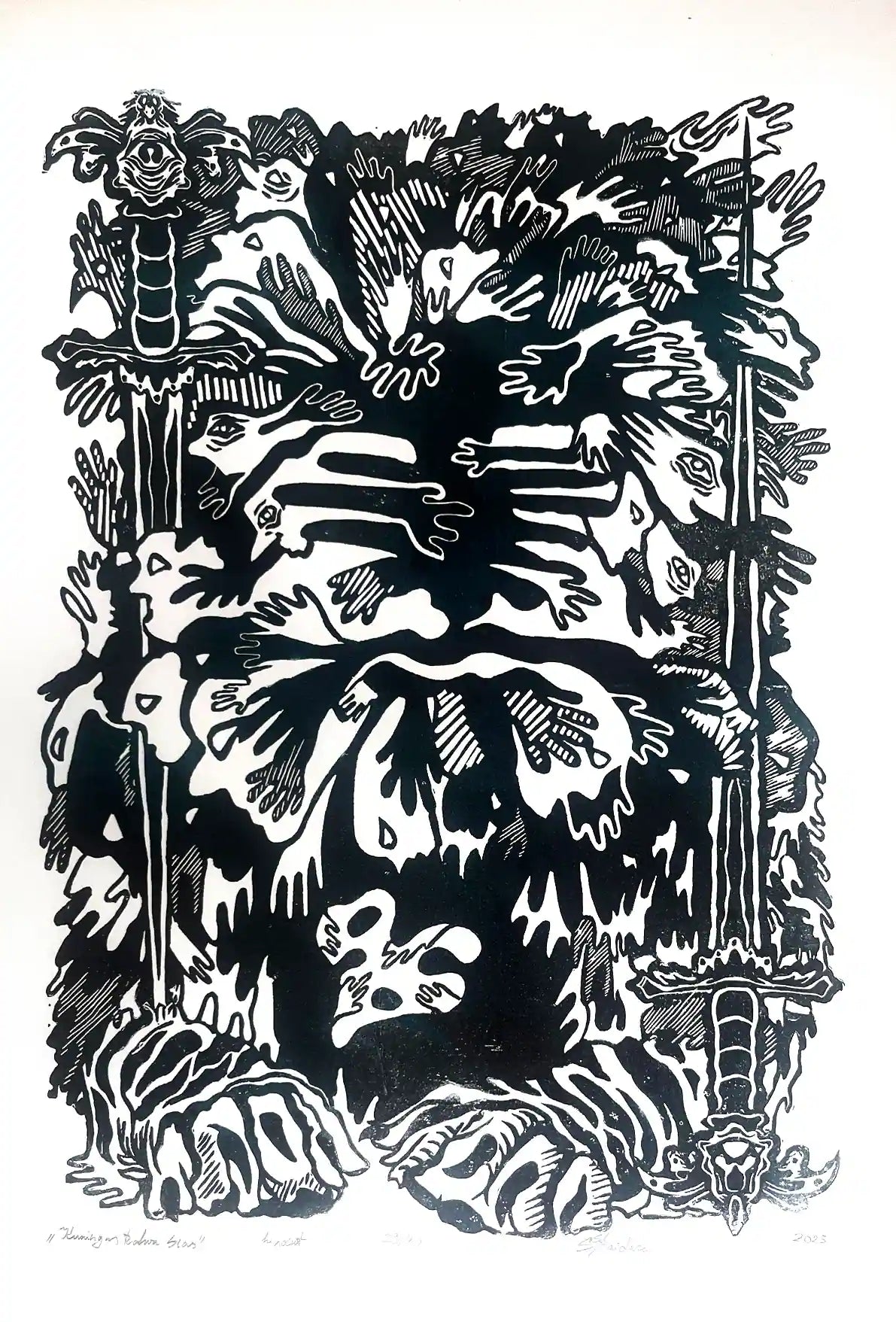 estonian folklore abstract linocut print with hands and symbols on a white background