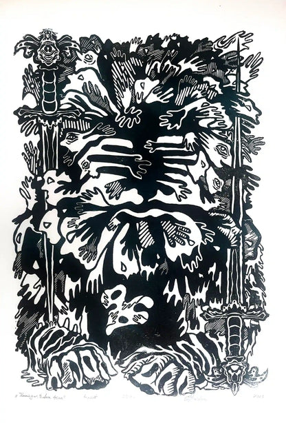 estonian folklore abstract linocut print with hands and symbols on a white background