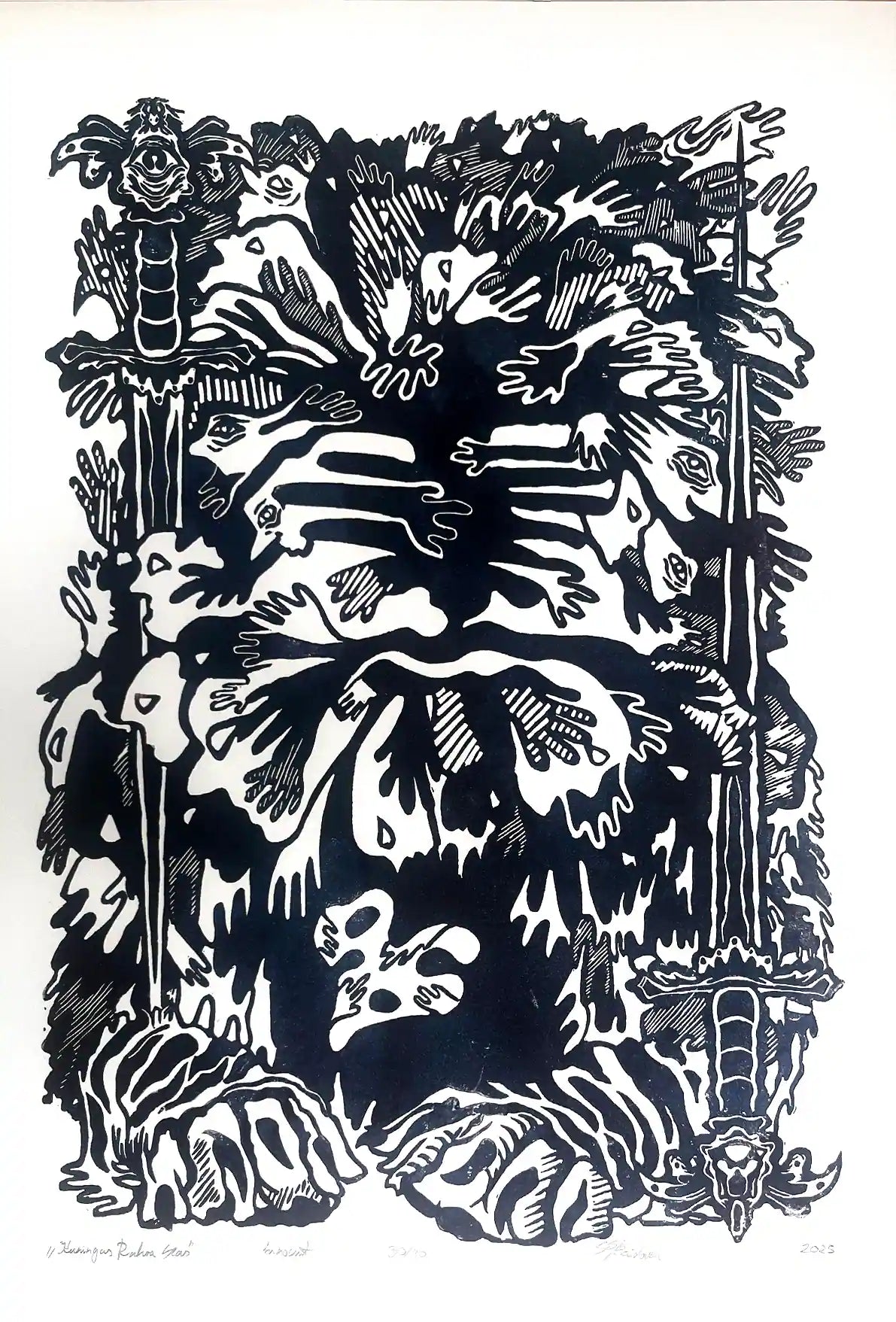 estonian folklore abstract linocut print with hands and symbols on a white background
