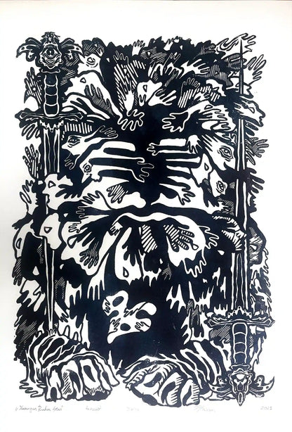 estonian folklore abstract linocut print with hands and symbols on a white background