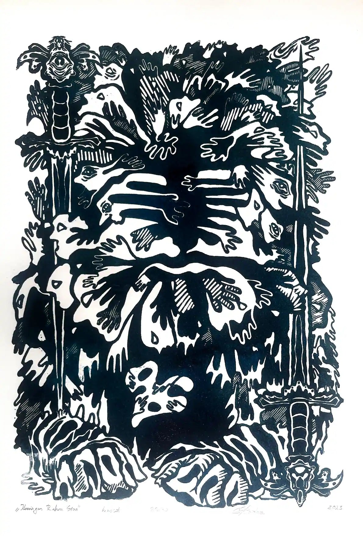 estonian folklore abstract linocut print with hands and symbols on a white background