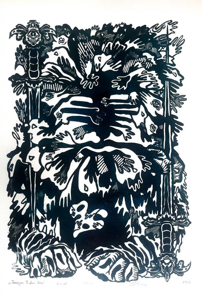 estonian folklore abstract linocut print with hands and symbols on a white background