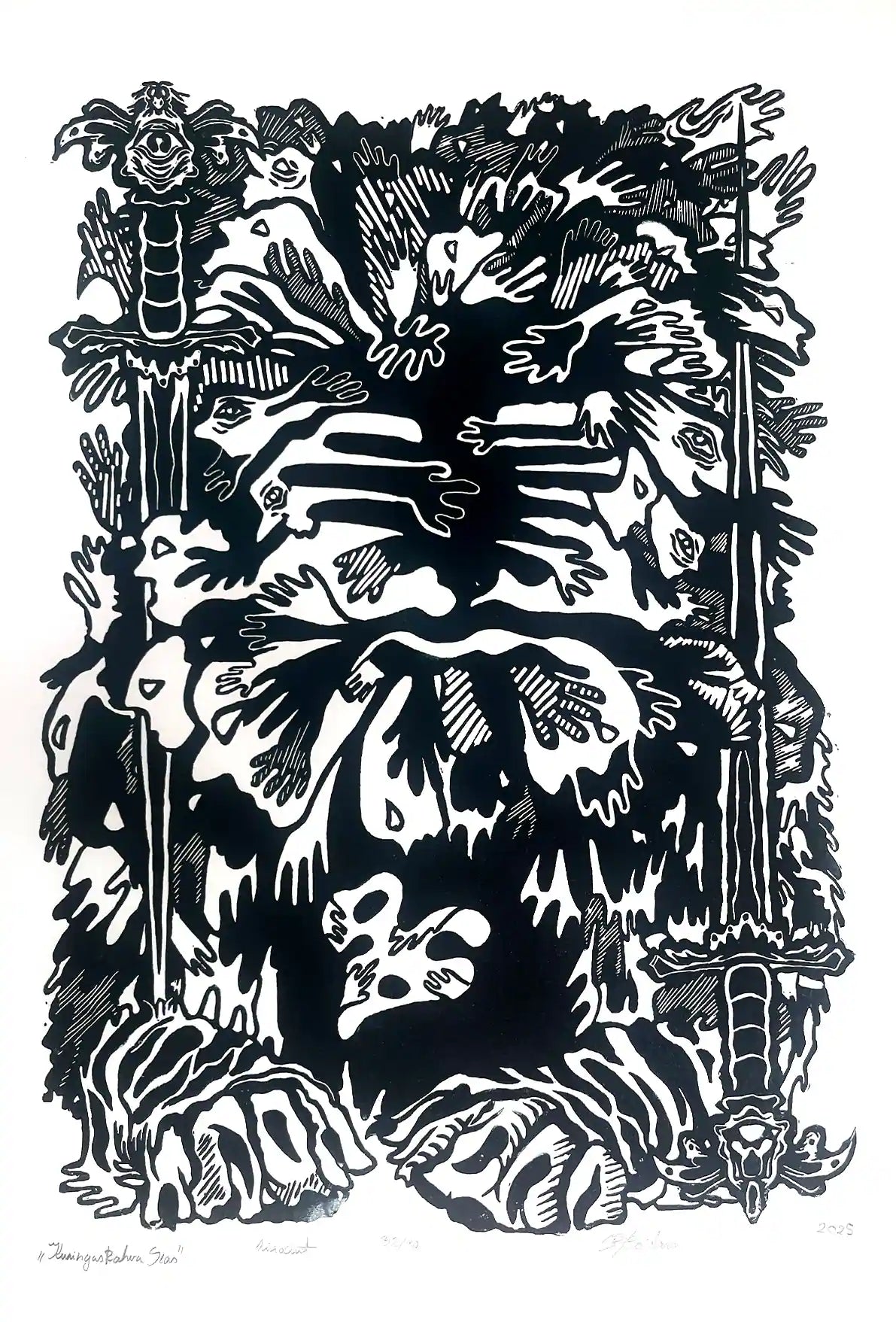 estonian folklore abstract linocut print with hands and symbols on a white background