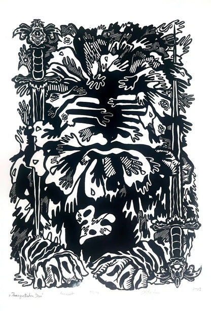 estonian folklore abstract linocut print with hands and symbols on a white background
