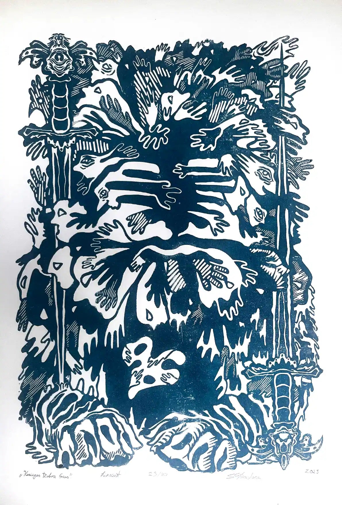 estonian folklore abstract linocut print with hands and symbols on a white background