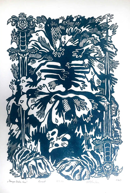 estonian folklore abstract linocut print with hands and symbols on a white background