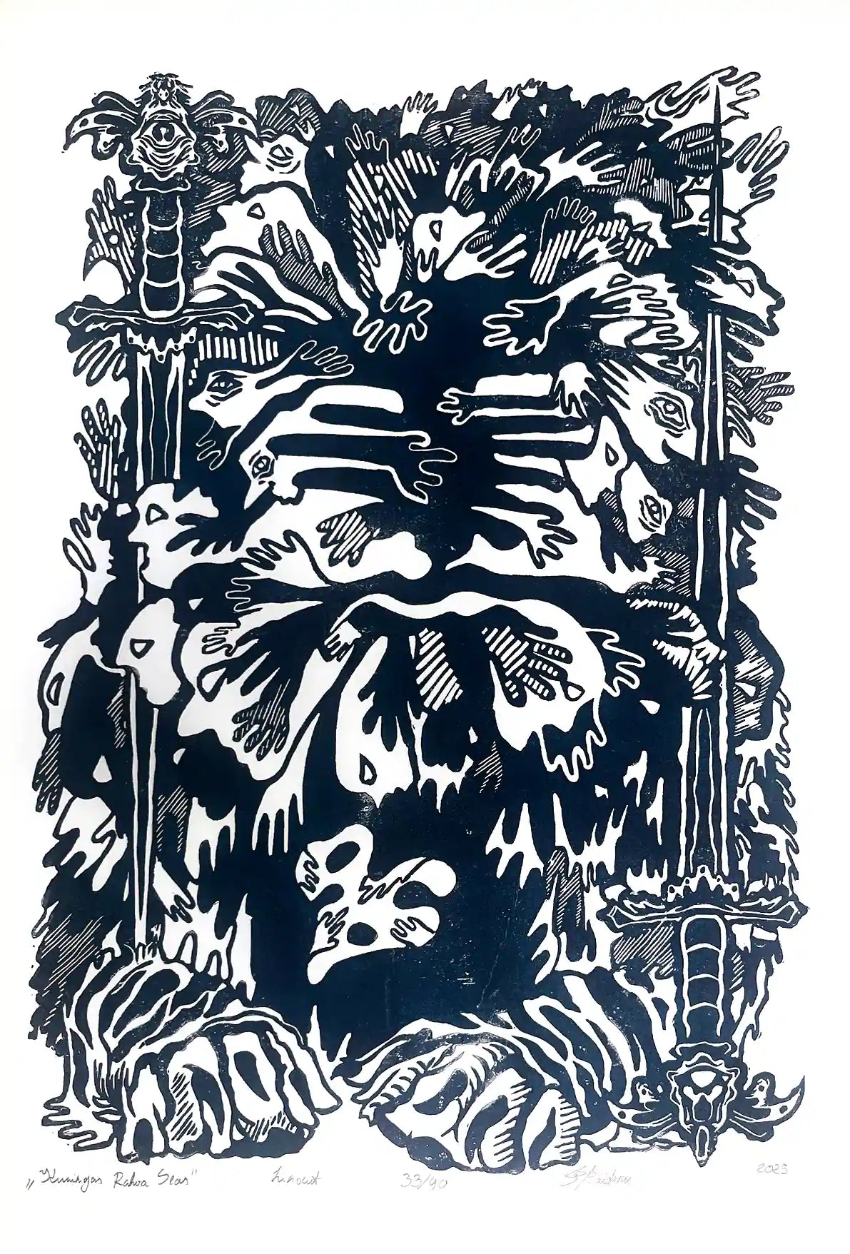 estonian folklore abstract linocut print with hands and symbols on a white background