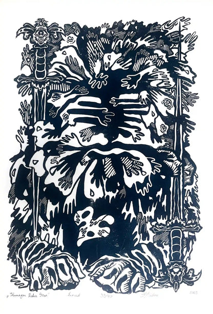estonian folklore abstract linocut print with hands and symbols on a white background
