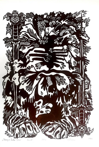 estonian folklore abstract linocut print with hands and symbols on a white background