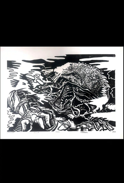 black ink Põhjakonn inspired folklore linocut print 