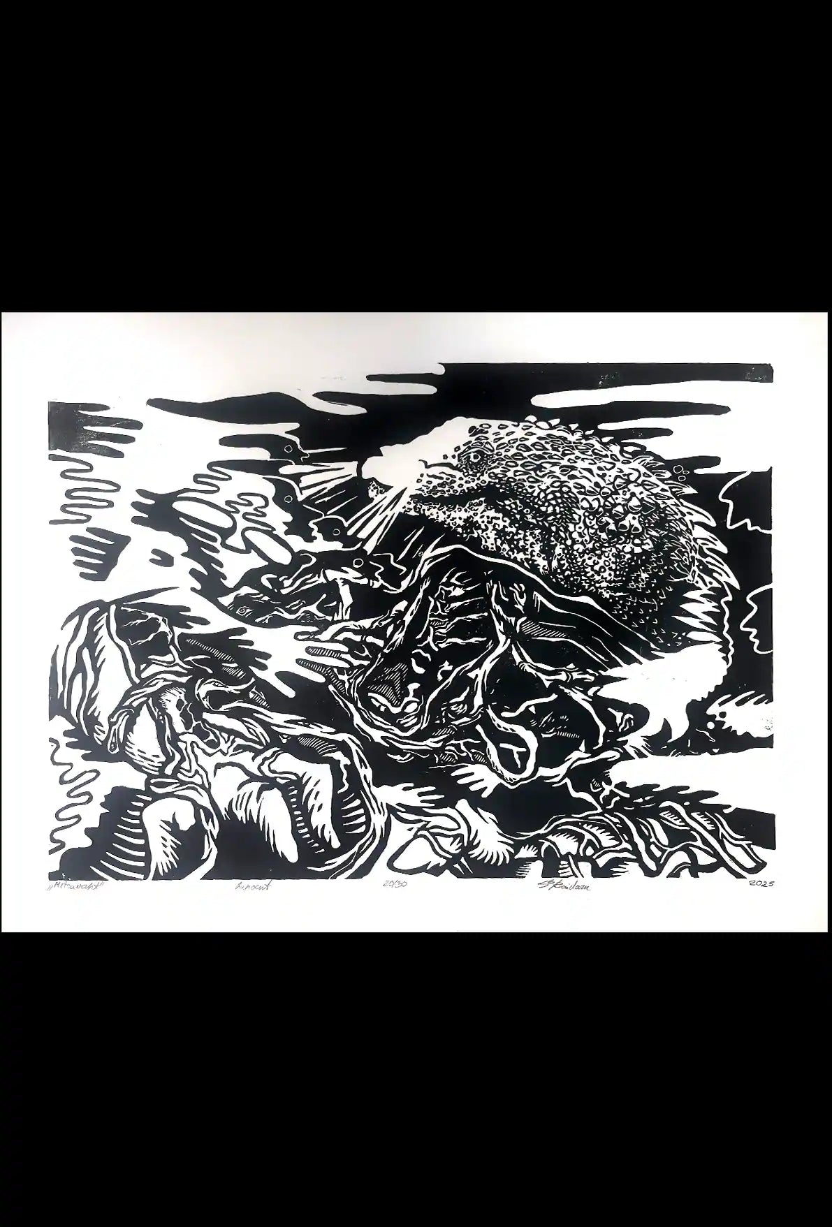black ink Põhjakonn inspired folklore linocut print 
