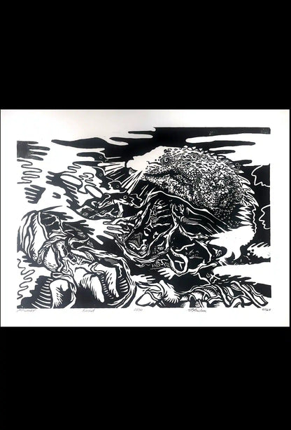 black ink Põhjakonn inspired folklore linocut print 
