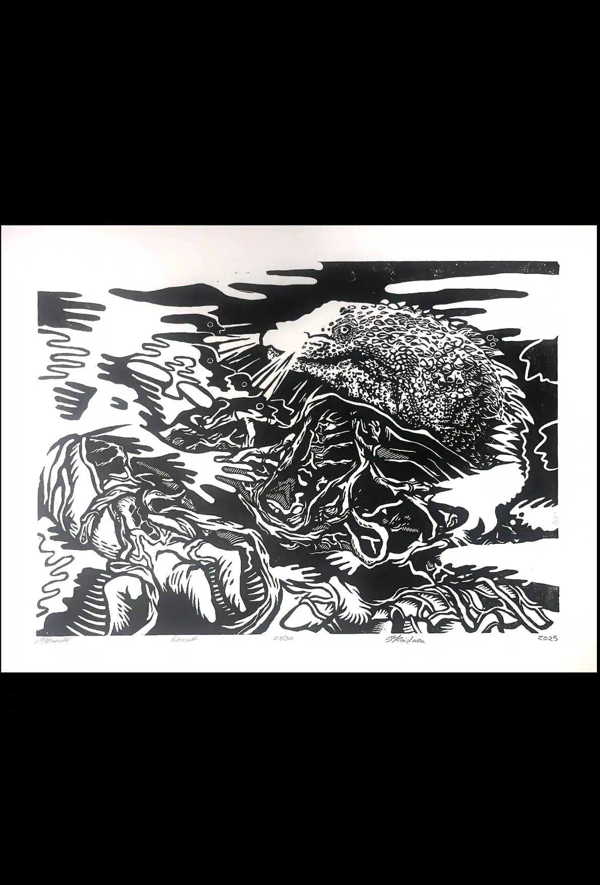 black ink Põhjakonn inspired folklore linocut print 