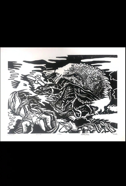 black ink Põhjakonn inspired folklore linocut print 