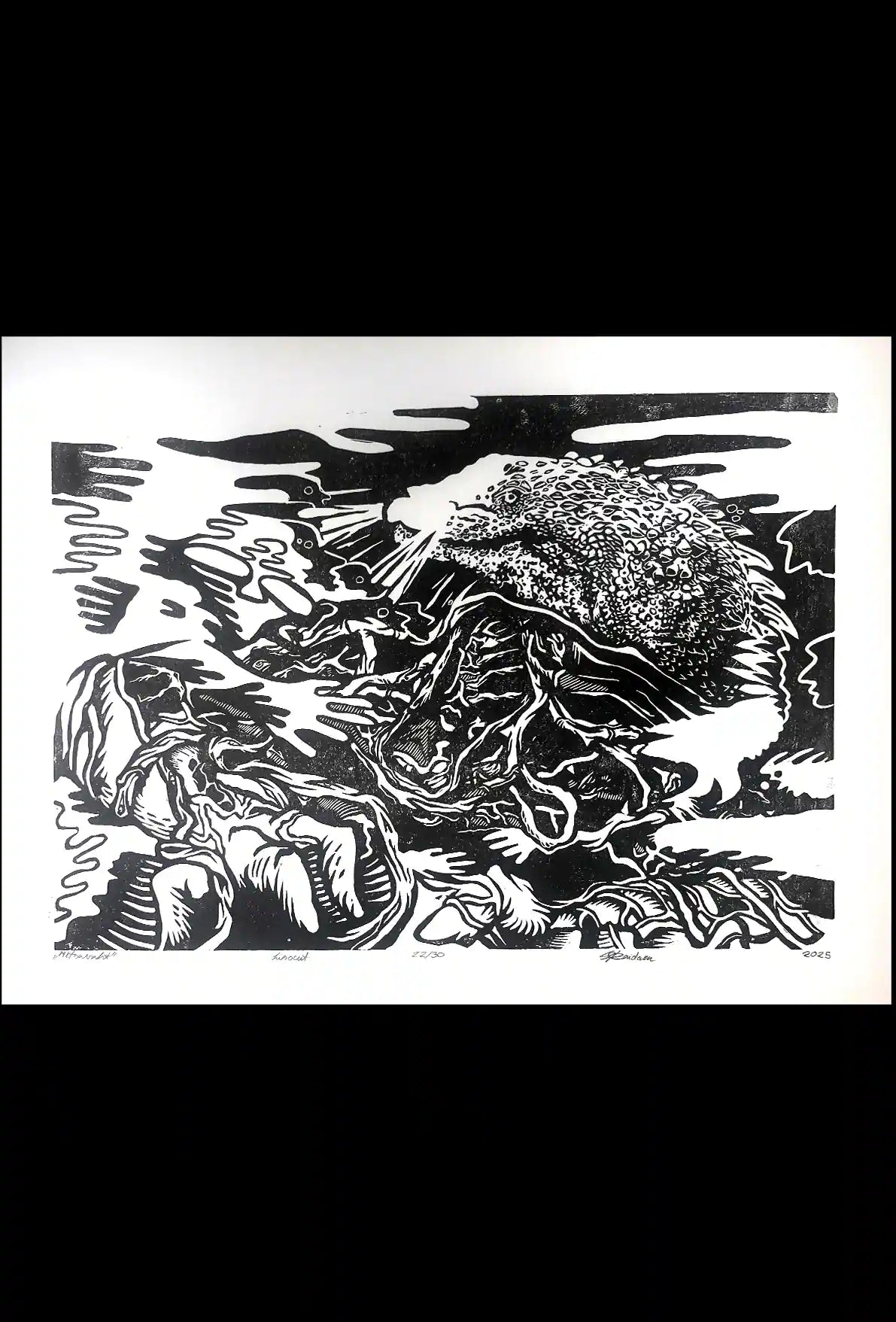 black ink Põhjakonn inspired folklore linocut print 