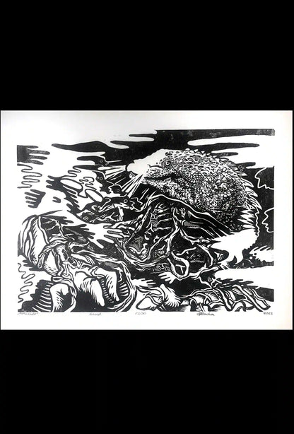 black ink Põhjakonn inspired folklore linocut print 