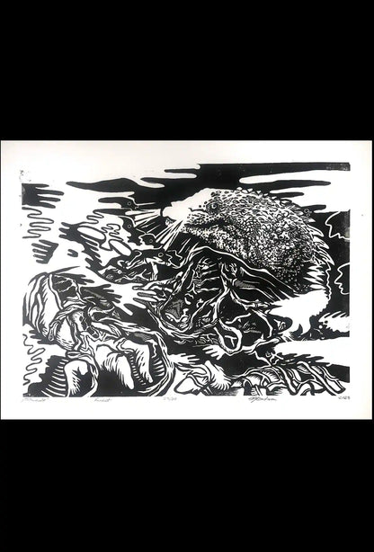 black ink Põhjakonn inspired folklore linocut print 