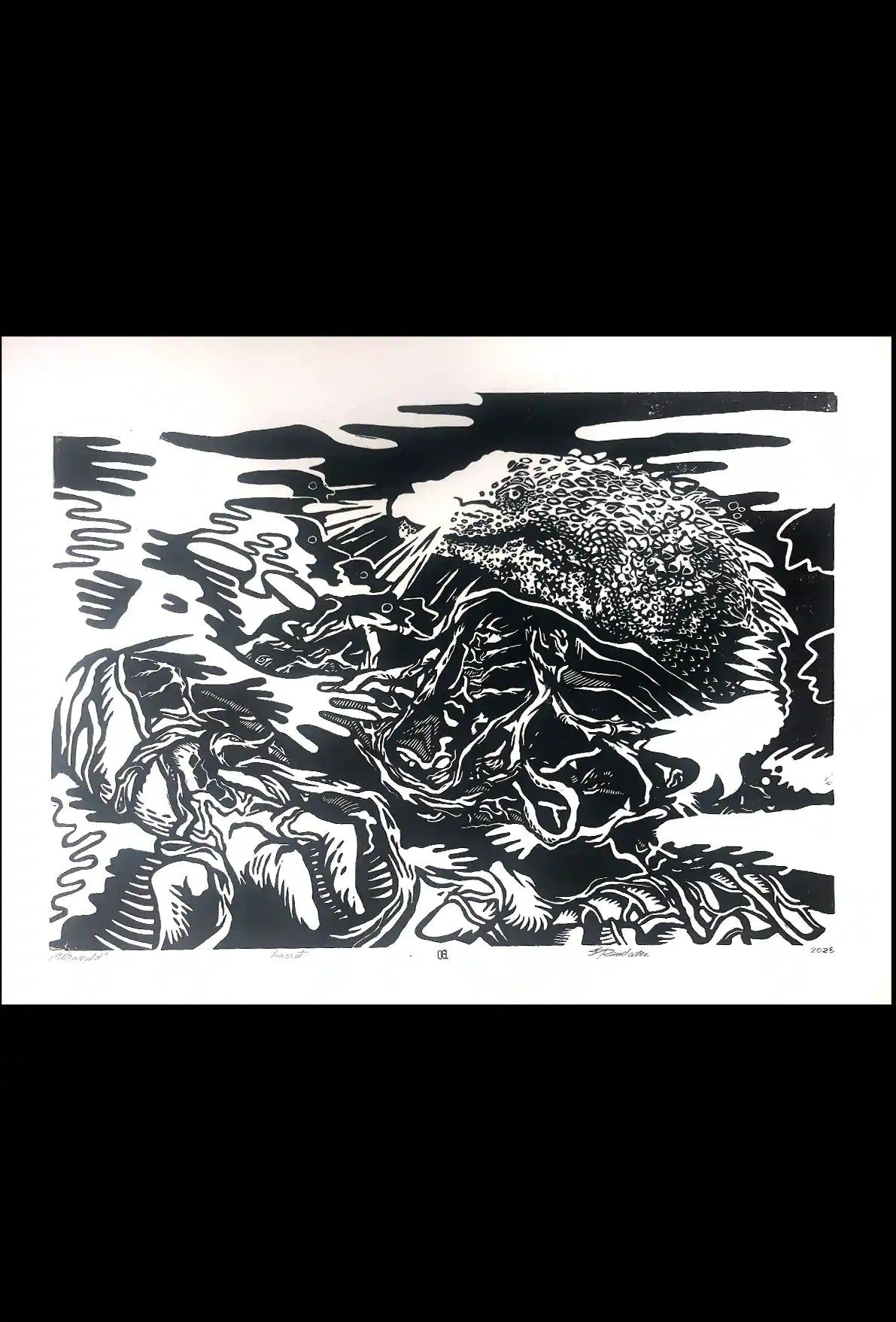 black ink Põhjakonn inspired folklore linocut print 