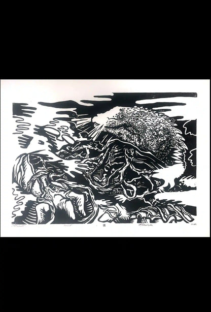 black ink Põhjakonn inspired folklore linocut print 