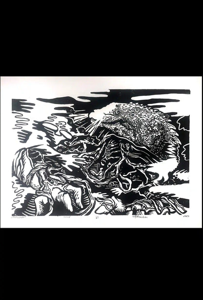 black ink Põhjakonn inspired folklore linocut print 