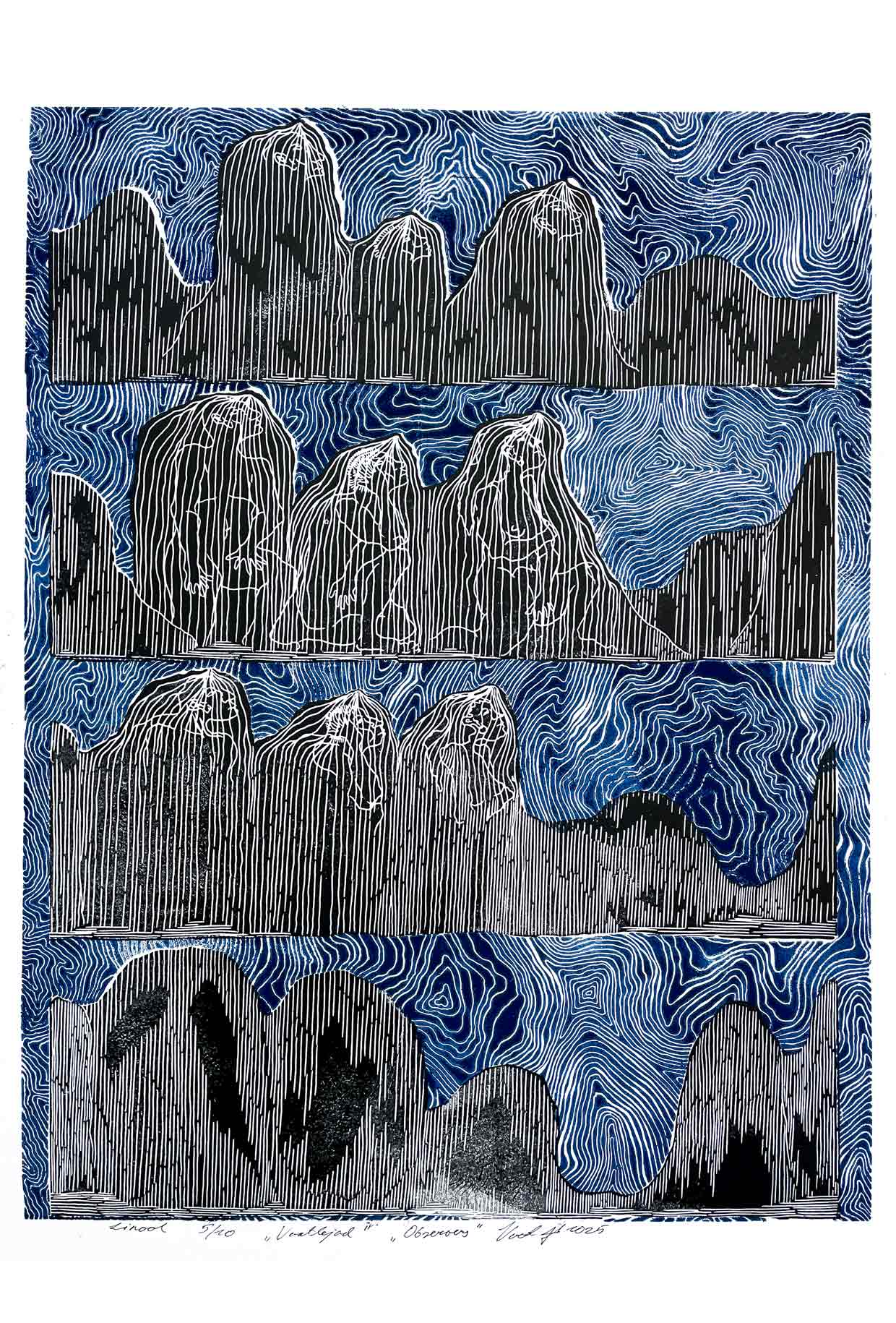 Handcarved linocut artwork print of an abstract nature scene depicting a night sky with fantasy elements and trolls with bold carved lines and high‑contrast ink. Printed on smooth high quality white paper.