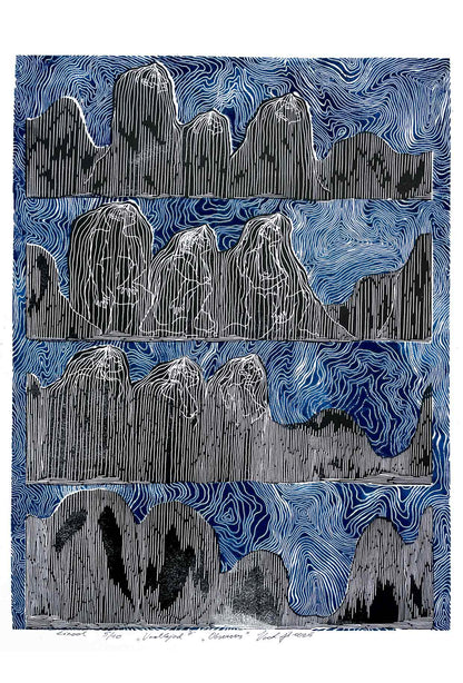 Handcarved linocut artwork print of an abstract nature scene depicting a night sky with fantasy elements and trolls with bold carved lines and high‑contrast ink. Printed on smooth high quality white paper.