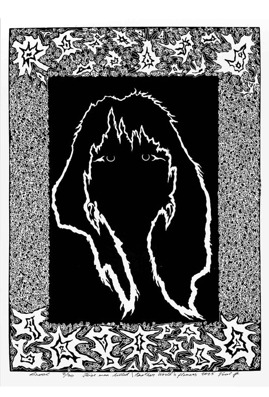 Handcarved linocut artwork print of a stylized fantasy scene of a girl's silhouette surrounded by an abstract flower frame with bold carved lines and high‑contrast ink. Printed on smooth high quality white paper.