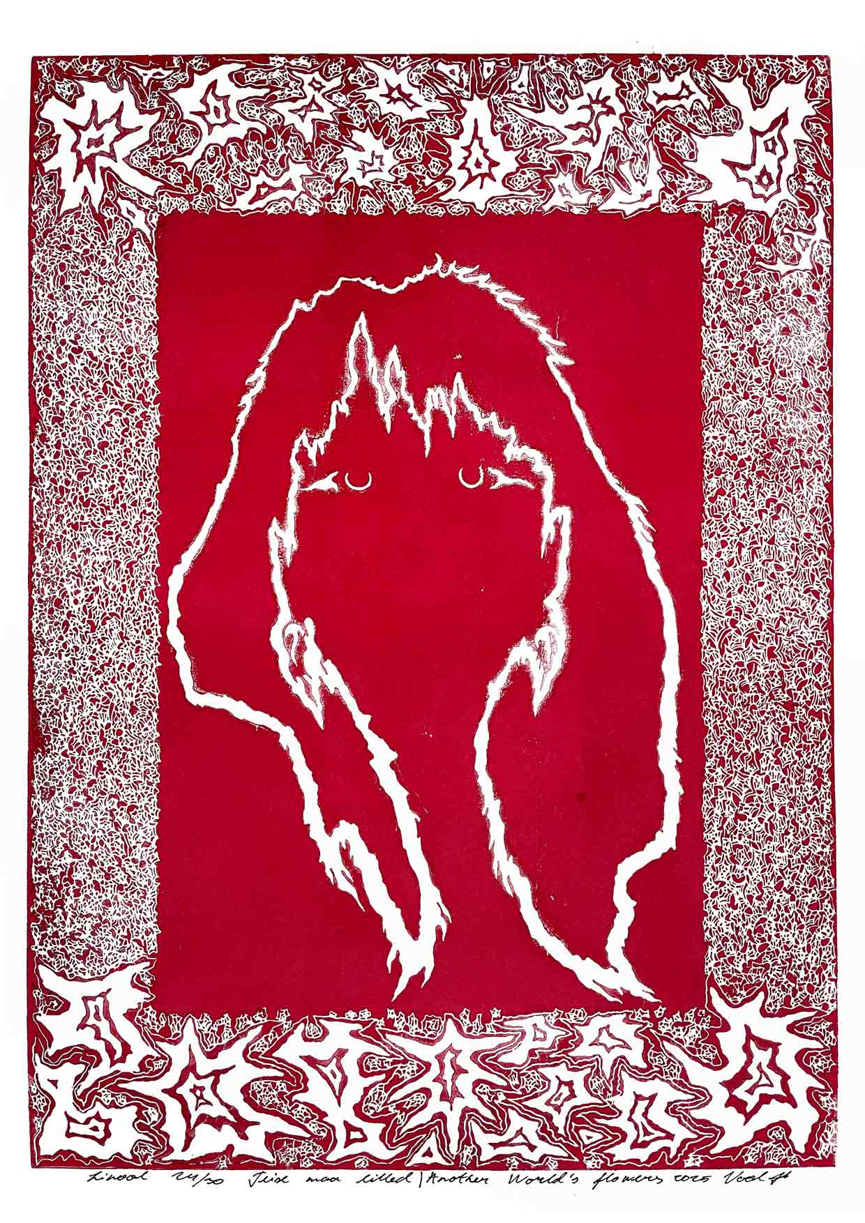 Handcarved linocut artwork print of a stylized fantasy scene of a girl's silhouette surrounded by an abstract flower frame with bold carved lines and high‑contrast ink. Printed on smooth high quality white paper.