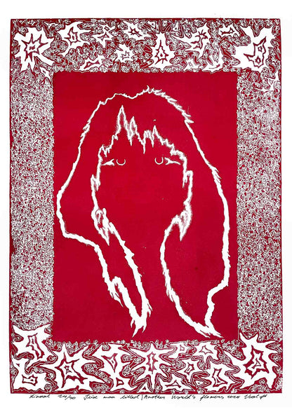 Handcarved linocut artwork print of a stylized fantasy scene of a girl's silhouette surrounded by an abstract flower frame with bold carved lines and high‑contrast ink. Printed on smooth high quality white paper.