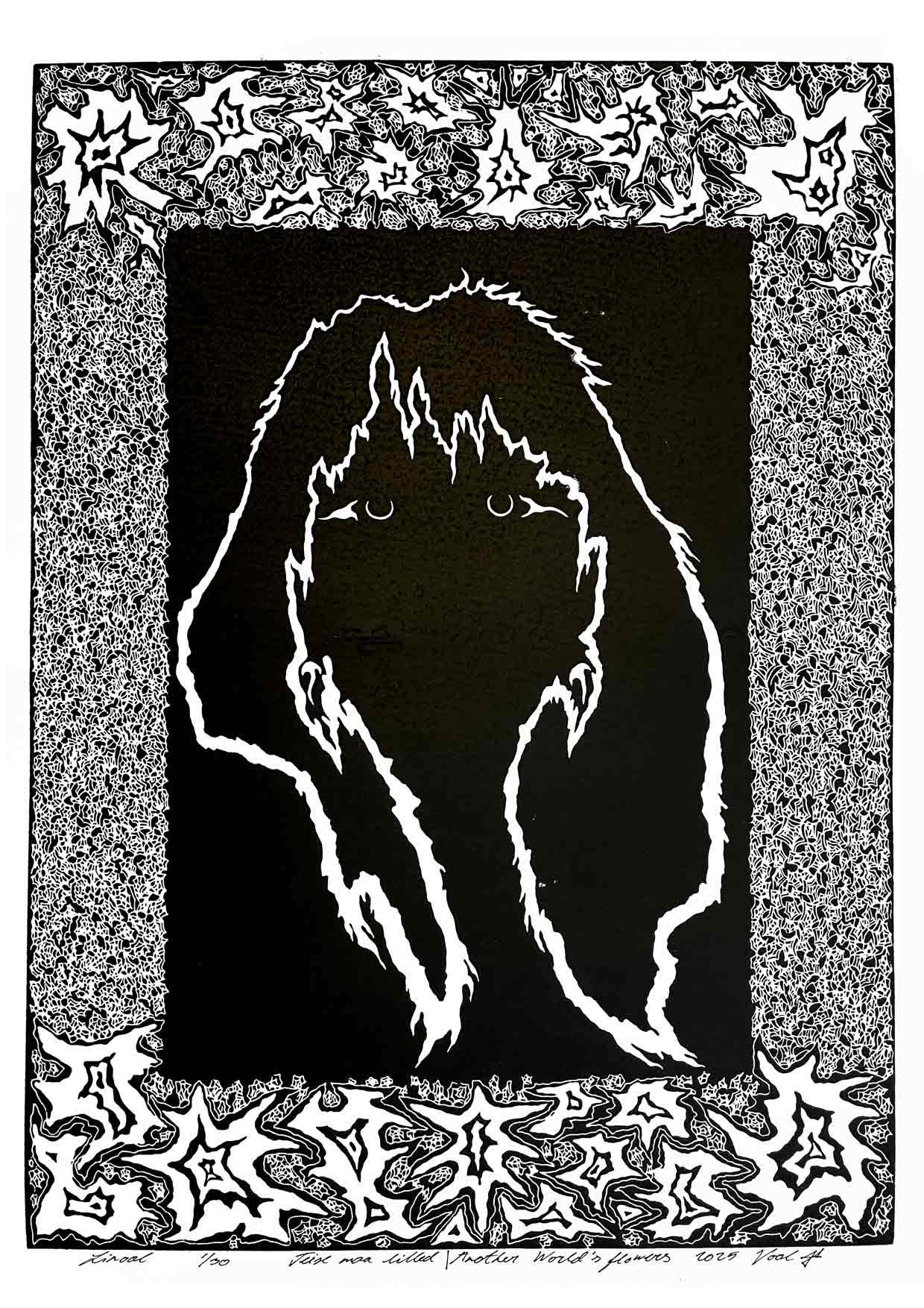 Handcarved linocut artwork print of a stylized fantasy scene of a girl's silhouette surrounded by an abstract flower frame with bold carved lines and high‑contrast ink. Printed on smooth high quality white paper.