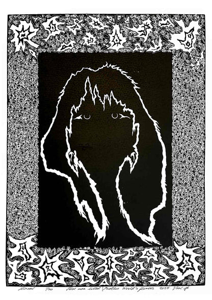 Handcarved linocut artwork print of a stylized fantasy scene of a girl's silhouette surrounded by an abstract flower frame with bold carved lines and high‑contrast ink. Printed on smooth high quality white paper.