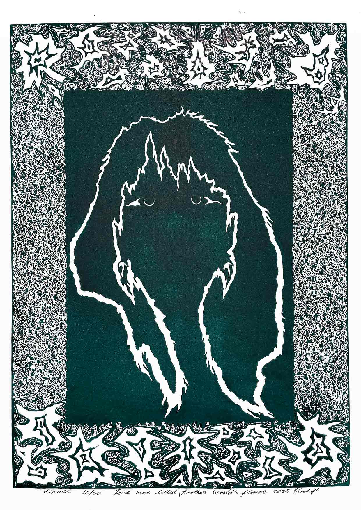 Handcarved linocut artwork print of a stylized fantasy scene of a girl's silhouette surrounded by an abstract flower frame with bold carved lines and high‑contrast ink. Printed on smooth high quality white paper.