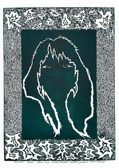 Handcarved linocut artwork print of a stylized fantasy scene of a girl's silhouette surrounded by an abstract flower frame with bold carved lines and high‑contrast ink. Printed on smooth high quality white paper.