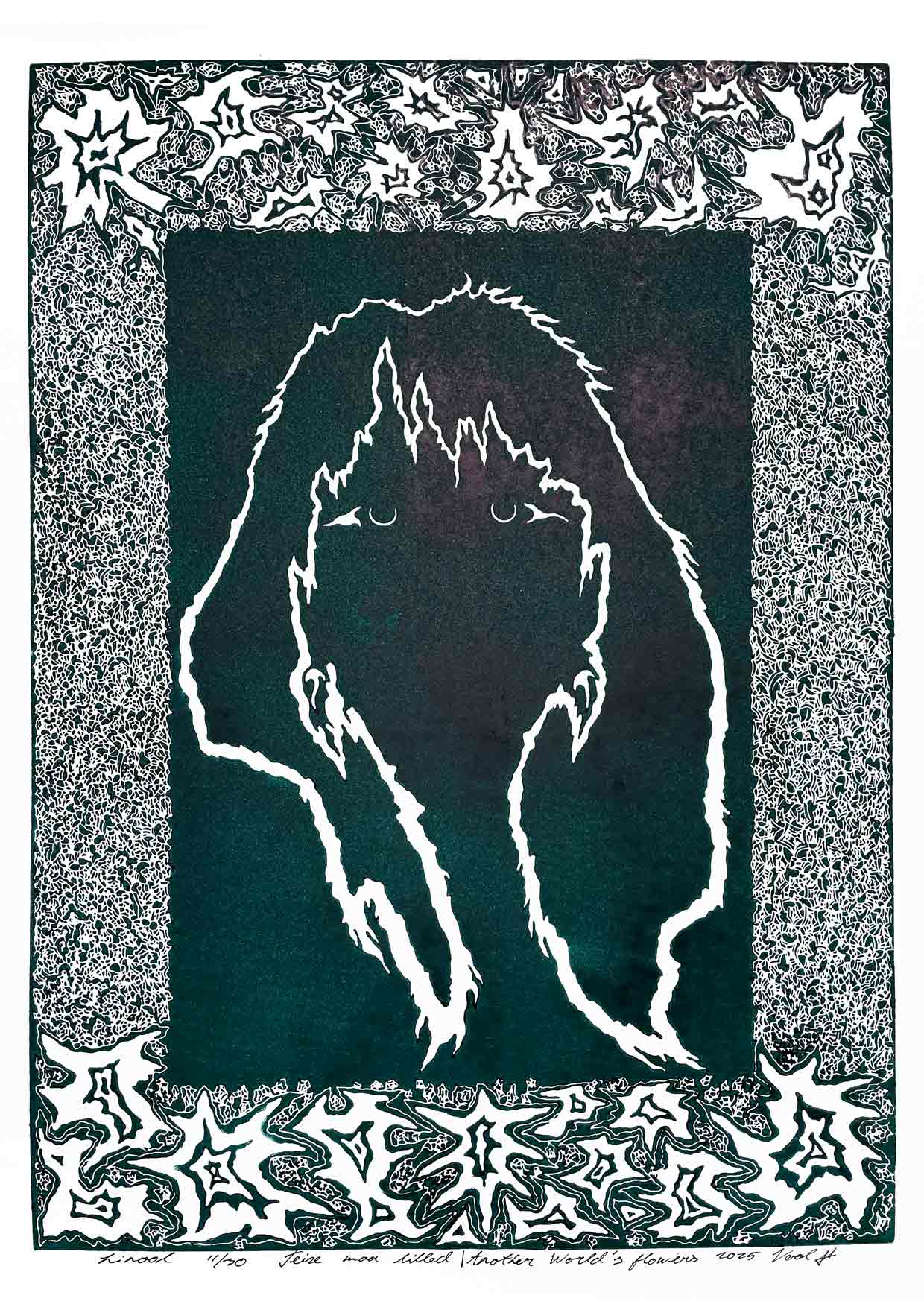 Handcarved linocut artwork print of a stylized fantasy scene of a girl's silhouette surrounded by an abstract flower frame with bold carved lines and high‑contrast ink. Printed on smooth high quality white paper.