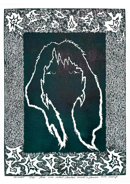 Handcarved linocut artwork print of a stylized fantasy scene of a girl's silhouette surrounded by an abstract flower frame with bold carved lines and high‑contrast ink. Printed on smooth high quality white paper.
