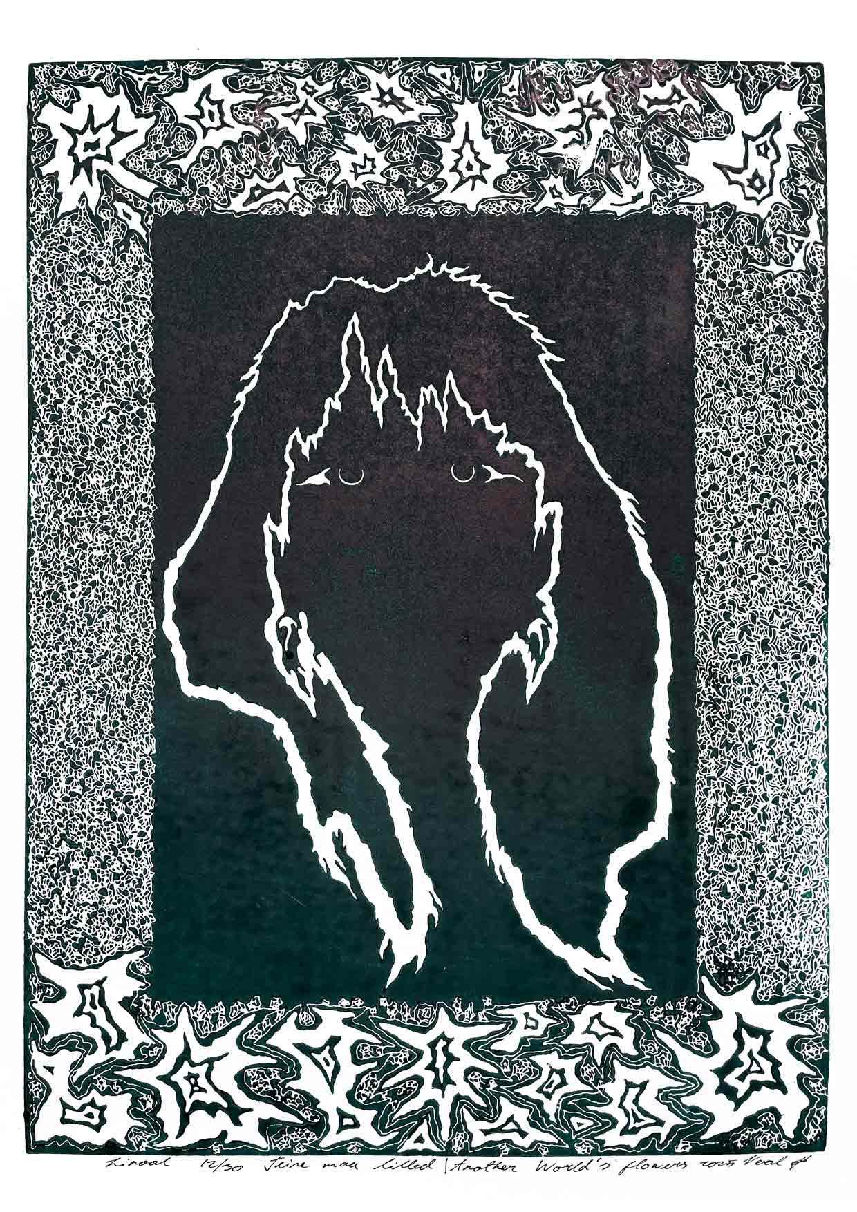 Handcarved linocut artwork print of a stylized fantasy scene of a girl's silhouette surrounded by an abstract flower frame with bold carved lines and high‑contrast ink. Printed on smooth high quality white paper.