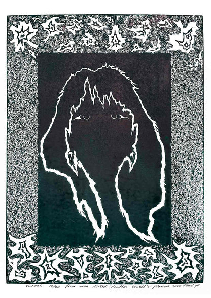 Handcarved linocut artwork print of a stylized fantasy scene of a girl's silhouette surrounded by an abstract flower frame with bold carved lines and high‑contrast ink. Printed on smooth high quality white paper.