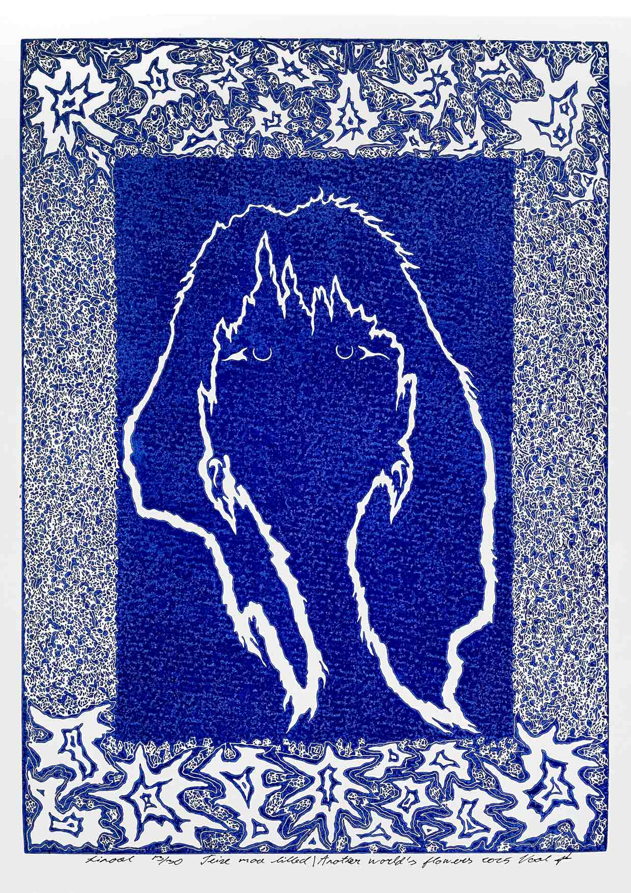 Handcarved linocut artwork print of a stylized fantasy scene of a girl's silhouette surrounded by an abstract flower frame with bold carved lines and high‑contrast ink. Printed on smooth high quality white paper.