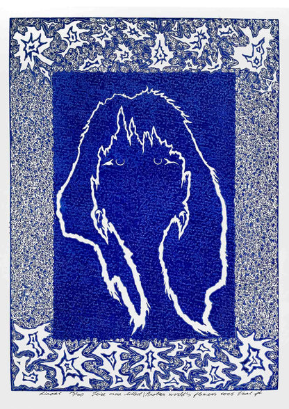 Handcarved linocut artwork print of a stylized fantasy scene of a girl's silhouette surrounded by an abstract flower frame with bold carved lines and high‑contrast ink. Printed on smooth high quality white paper.
