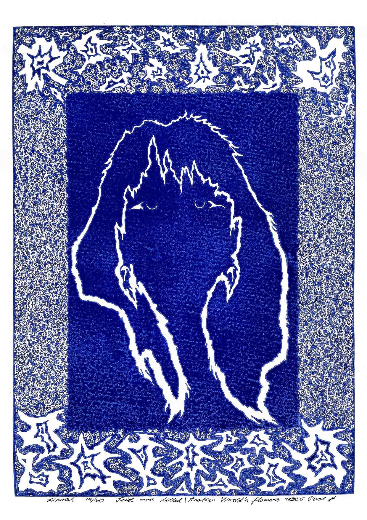 Handcarved linocut artwork print of a stylized fantasy scene of a girl's silhouette surrounded by an abstract flower frame with bold carved lines and high‑contrast ink. Printed on smooth high quality white paper.