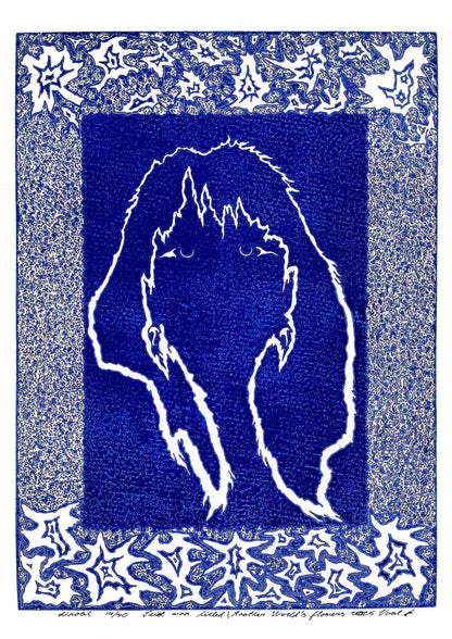 Handcarved linocut artwork print of a stylized fantasy scene of a girl's silhouette surrounded by an abstract flower frame with bold carved lines and high‑contrast ink. Printed on smooth high quality white paper.