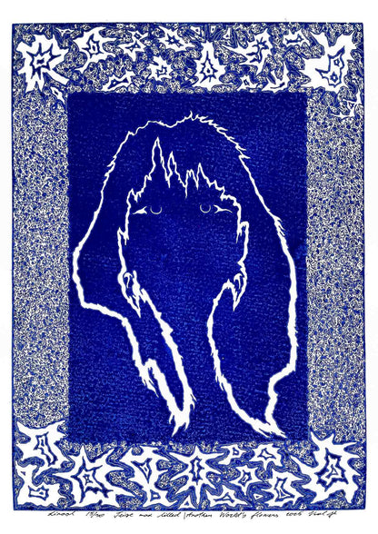 Handcarved linocut artwork print of a stylized fantasy scene of a girl's silhouette surrounded by an abstract flower frame with bold carved lines and high‑contrast ink. Printed on smooth high quality white paper.