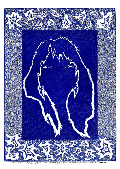 Handcarved linocut artwork print of a stylized fantasy scene of a girl's silhouette surrounded by an abstract flower frame with bold carved lines and high‑contrast ink. Printed on smooth high quality white paper.