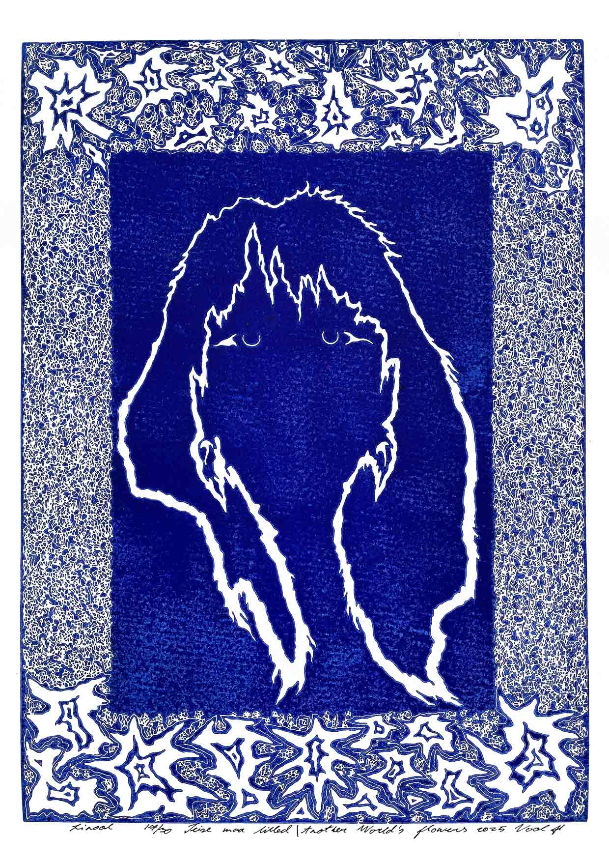 Handcarved linocut artwork print of a stylized fantasy scene of a girl's silhouette surrounded by an abstract flower frame with bold carved lines and high‑contrast ink. Printed on smooth high quality white paper.