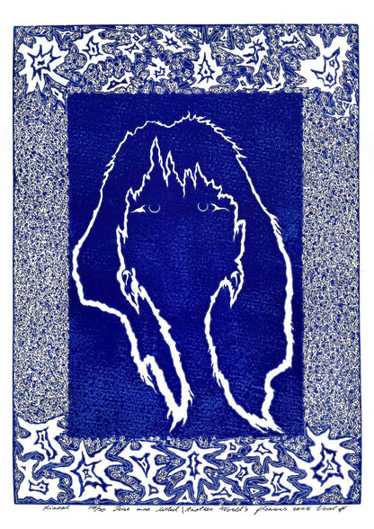 Handcarved linocut artwork print of a stylized fantasy scene of a girl's silhouette surrounded by an abstract flower frame with bold carved lines and high‑contrast ink. Printed on smooth high quality white paper.