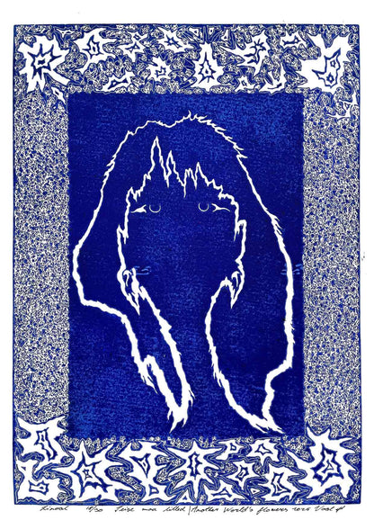 Handcarved linocut artwork print of a stylized fantasy scene of a girl's silhouette surrounded by an abstract flower frame with bold carved lines and high‑contrast ink. Printed on smooth high quality white paper.