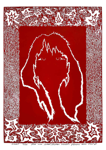 Handcarved linocut artwork print of a stylized fantasy scene of a girl's silhouette surrounded by an abstract flower frame with bold carved lines and high‑contrast ink. Printed on smooth high quality white paper.