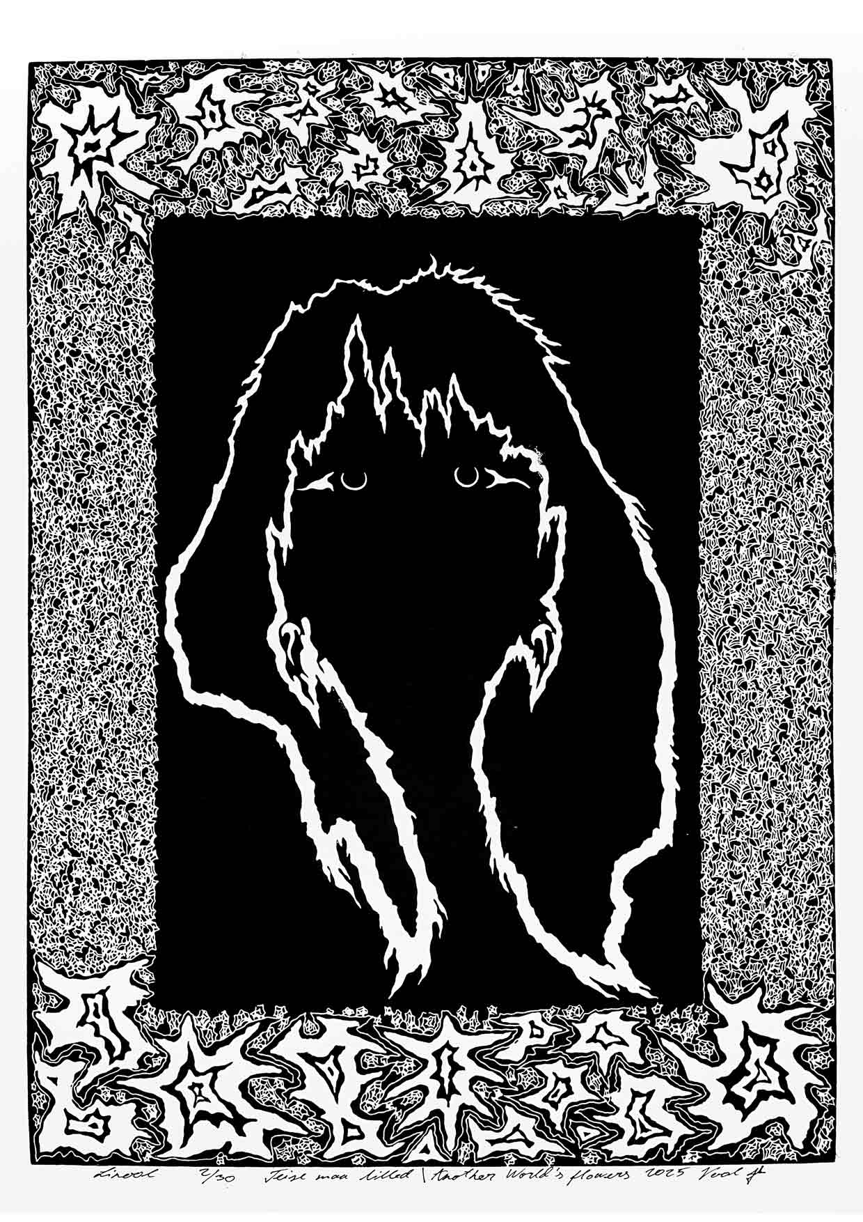 Handcarved linocut artwork print of a stylized fantasy scene of a girl's silhouette surrounded by an abstract flower frame with bold carved lines and high‑contrast ink. Printed on smooth high quality white paper.
